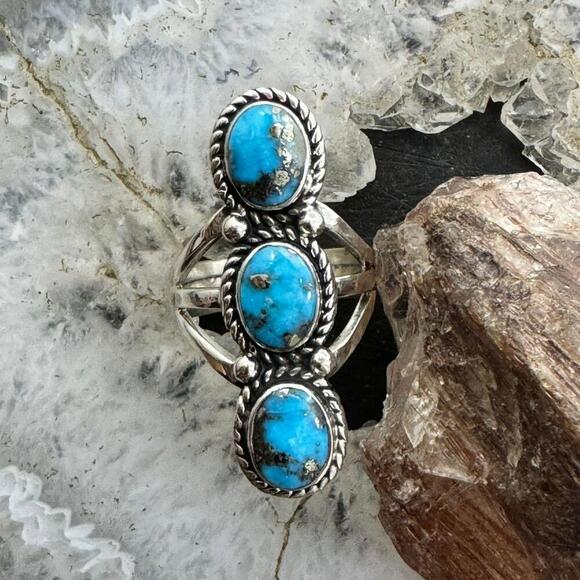 Native American Sterling Silver 3 Oval Matrixed Turquoise Ring Sz 6.75 For Women - Picture 5 of 10